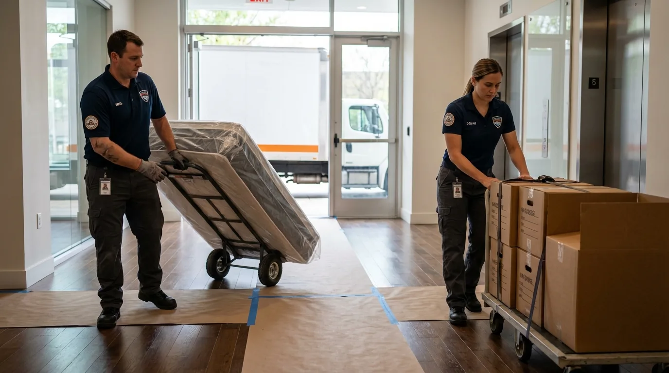 Professional apartment movers loading elevator in Villa Rica, GA