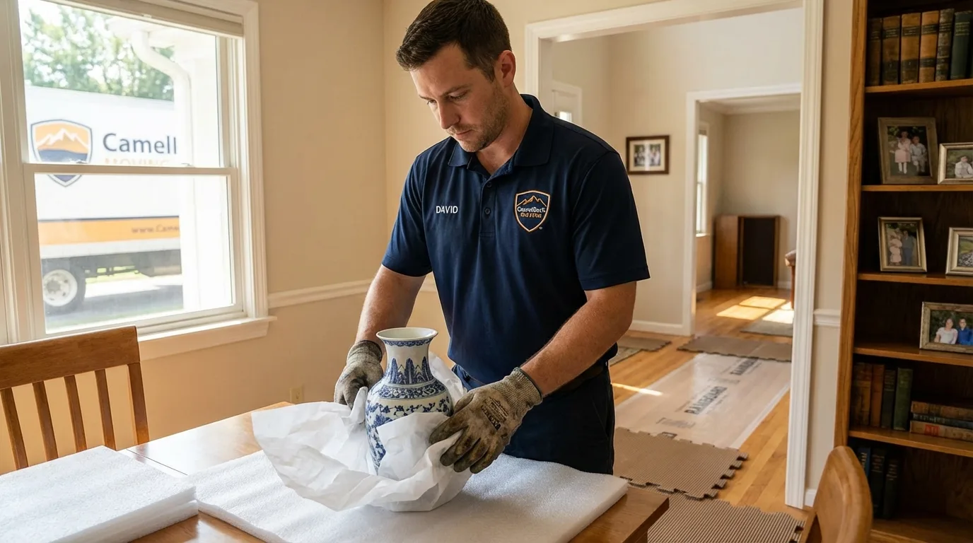 Professional crew carefully wrapping antique vase for senior downsizing move in Villa Rica, GA